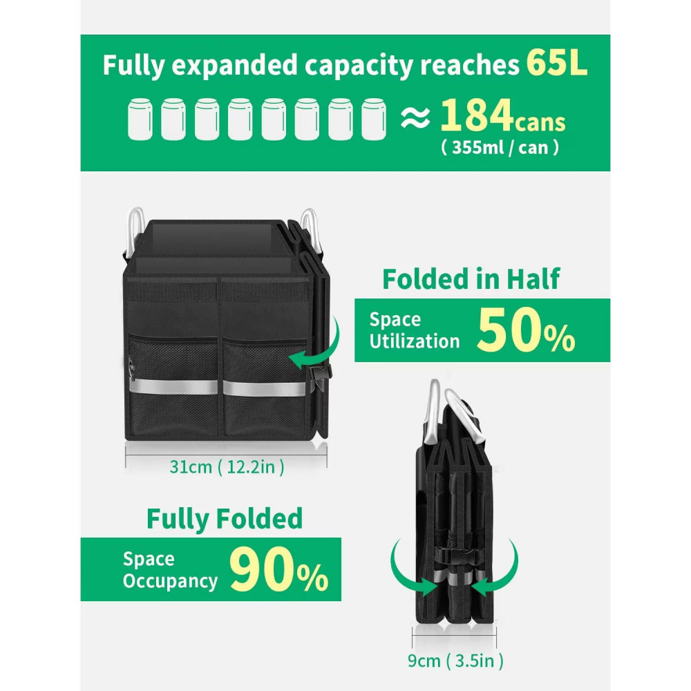 Organizator portbagaj auto, NewEvo, geanta multifunctionala, pliabil, 3 compartimente, impermeabil cu manere din aluminiu, banda reflectorizanta, 60 X 35 X 30 cm, 65L, Negru [5]