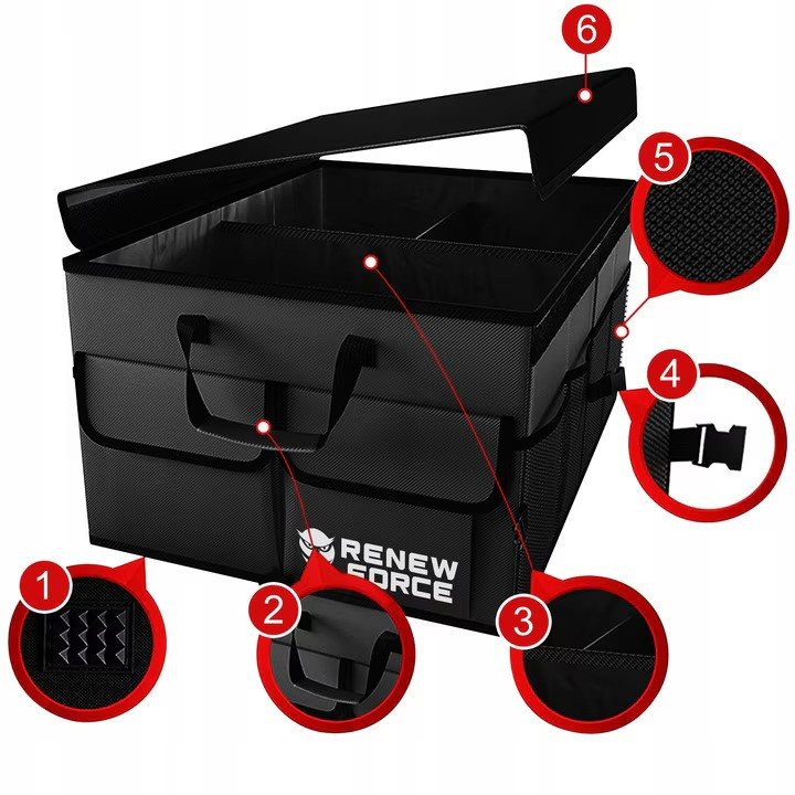 Organizator portbagaj auto Renew Force, geanta multifunctionala, pliabil, 3 compartimente, impermeabil, Capacitate 64 litri, 51 cm x 36 cm x 32 cm, Negru [6]