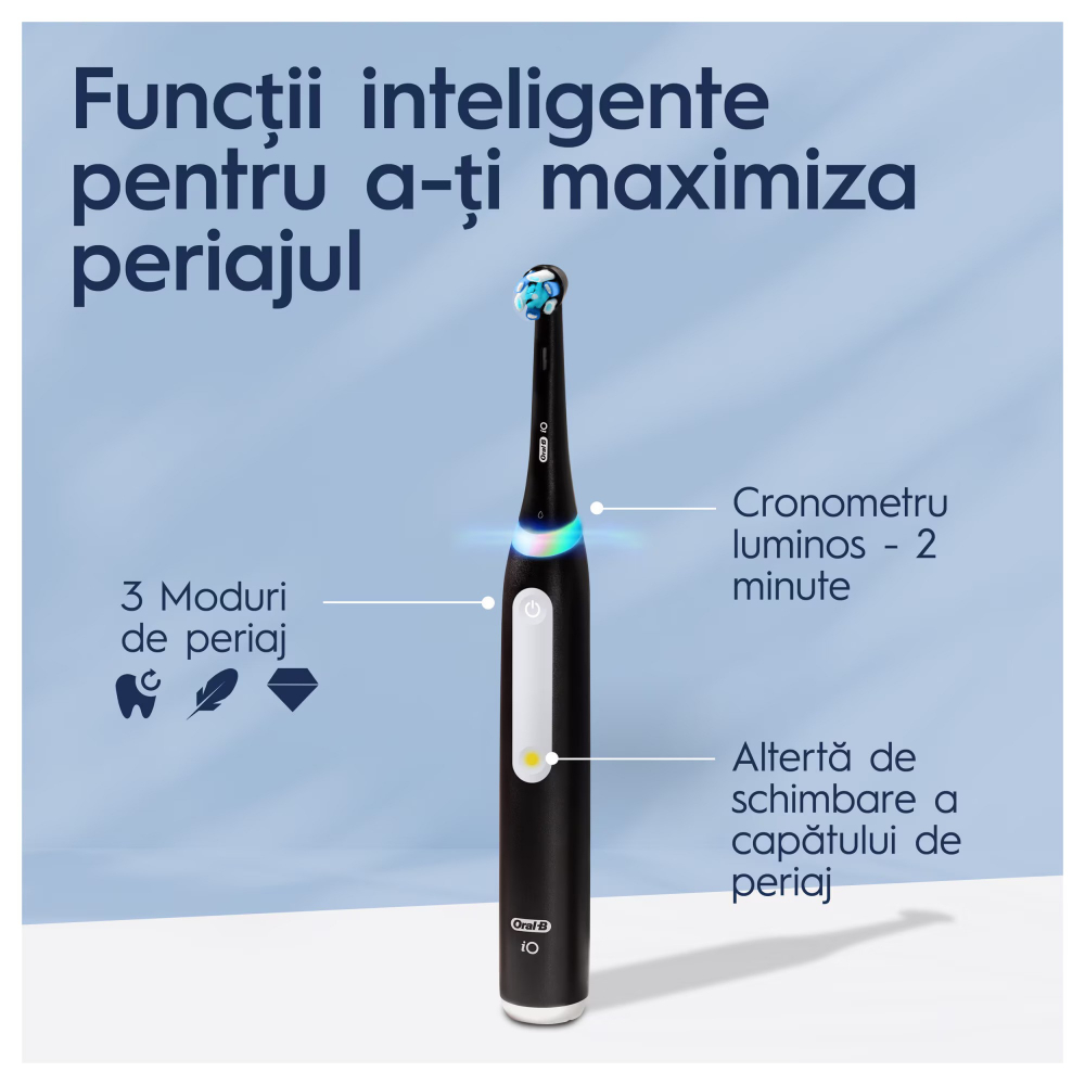 Periuta de dinti electrica Oral-B iO3 cu Tehnologie Magnetica si Micro-Vibratii, Senzor de presiune Smart, 3 moduri, 1 capat, Negru + 2 capete de periaj [4]