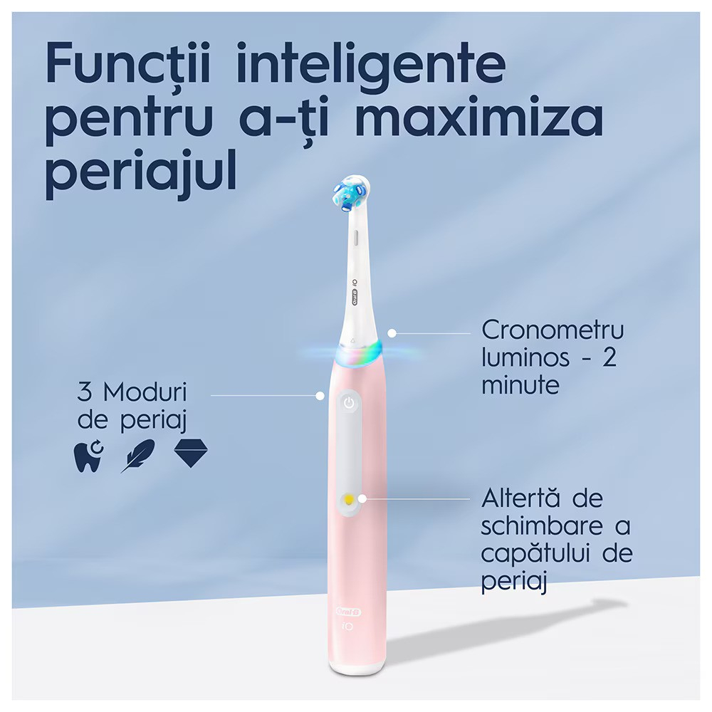 Periuta de dinti electrica Oral-B iO3 cu Tehnologie Magnetica si Micro-Vibratii, Senzor de presiune Smart, 3 moduri, 1 capat, Roz [5]