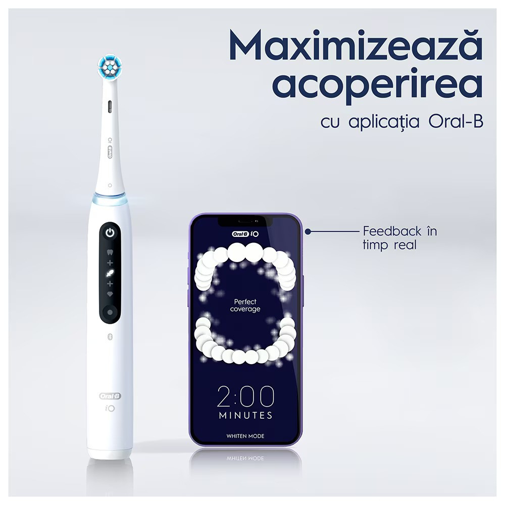 Periuta de dinti electrica Oral-B iO5 cu Tehnologie Magnetica si Micro-Vibratii, Inteligenta artificiala, Display conversational, Senzor de presiune Smart, 5 moduri, 1 capat, Trusa de calatorie, Alb [5]