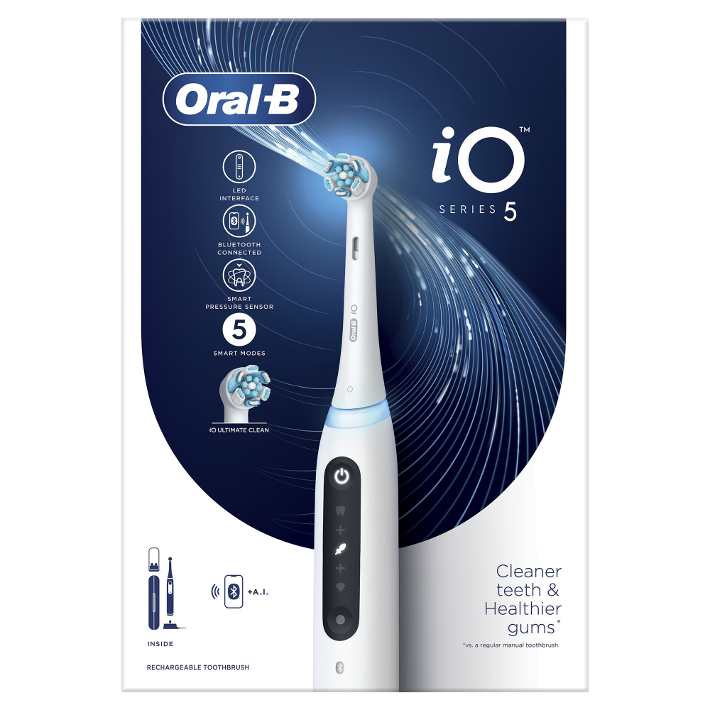Periuta de dinti electrica Oral-B iO5 cu Tehnologie Magnetica si Micro-Vibratii, Inteligenta artificiala, Display conversational, Senzor de presiune Smart, 5 moduri, 1 capat, Trusa de calatorie, Alb [8]