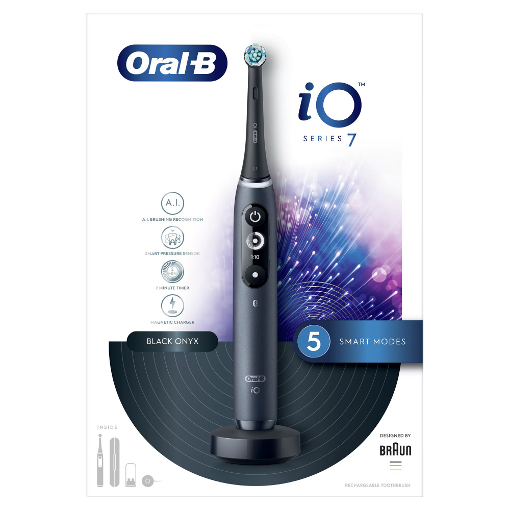 Periuta de dinti electrica Oral-B iO7 cu Tehnologie Magnetica si Micro-Vibratii, Inteligenta artificiala, Display led interactiv, Senzor de presiune Smart, Timer vizibil, 5 moduri, 1 capat, spare head holder, Incarcator magnetic, Trusa de calatorie, Negru [3]