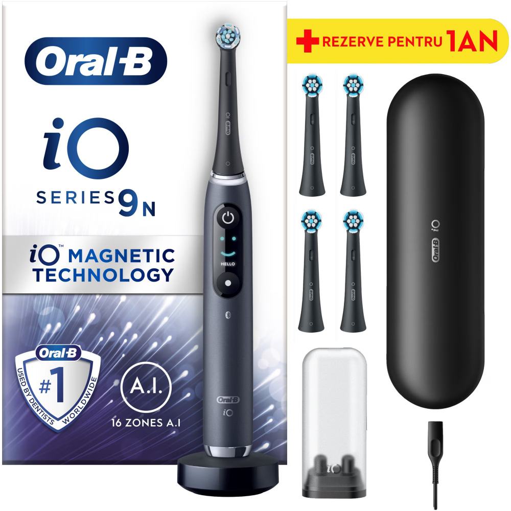 Periuta de dinti electrica Oral-B iO9 cu Tehnologie Magnetica si Micro-Vibratii, Inteligenta artificiala, Display led, Senzor de presiune Smart, 7 moduri, 1 capat, Suport rezerve, Trusa de calatorie cu incarcator, Negru + 4 capete de periaj [1]