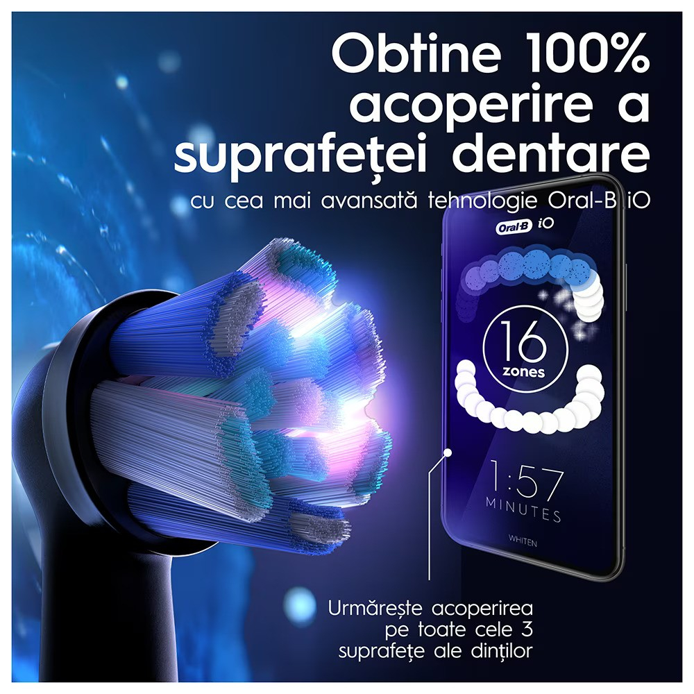 Periuta de dinti electrica Oral-B iO9 cu Tehnologie Magnetica si Micro-Vibratii, Inteligenta artificiala, Display led, Senzor de presiune Smart, 7 moduri, 1 capat, Suport rezerve, Trusa de calatorie cu incarcator, Negru + 4 capete de periaj [9]
