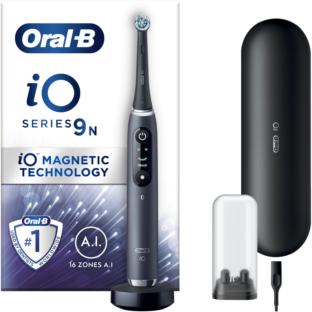 Periuta de dinti electrica Oral-B iO9 cu Tehnologie Magnetica si Micro-Vibratii, Inteligenta artificiala, Display led, Senzor de presiune Smart, 7 moduri, 1 capat, Suport rezerve, Trusa de calatorie cu incarcator, Negru + 4 capete de periaj [2]