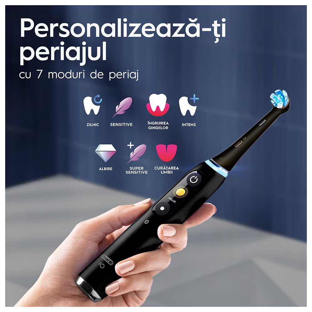 Periuta de dinti electrica Oral-B iO9 cu Tehnologie Magnetica si Micro-Vibratii, Inteligenta artificiala, Display led, Senzor de presiune Smart, Timer vizibil, Negru [6]
