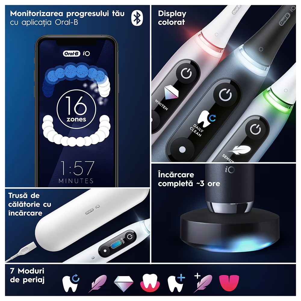 Periuta de dinti electrica Oral-B iO9 cu Tehnologie Magnetica si Micro-Vibratii, Inteligenta artificiala, Display led, Senzor de presiune Smart, Timer vizibil, Negru [9]