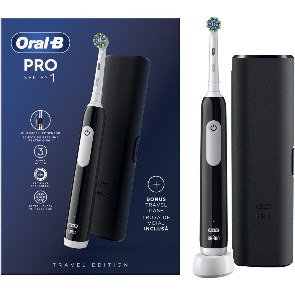 Periuta de dinti electrica Oral-B Pro 1, Curatare 3D, 3 programe, 1 capat de periaj, trusa de calatorie, Negru [2]