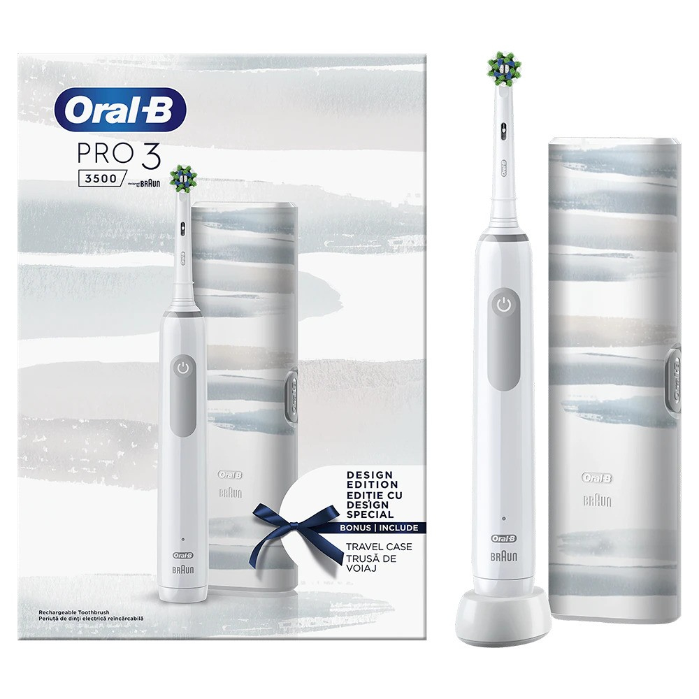Periuta de dinti electrica Oral-B Pro 3 3500, Curatare 3D, 3 programe, 1 Incarcator, 1 Capat, Trusa de calatorie, Alb [2]