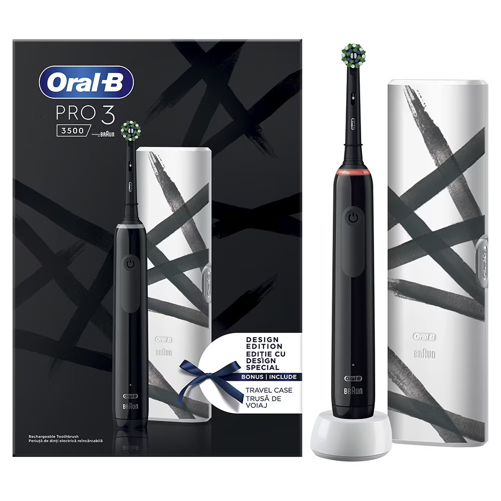 Periuta de dinti electrica Oral-B Pro 3 3500, Curatare 3D, 3 programe, 1 Incarcator, 1 Capat, Trusa de calatorie, Negru [1]
