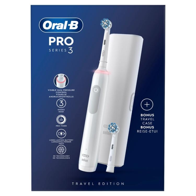 Periuta de dinti electrica Oral-B Pro 3 3500 Sensitive Clean, Curatare 3D, 3 programe, 2 capete incluse, Trusa de calatorie, Alb [2]