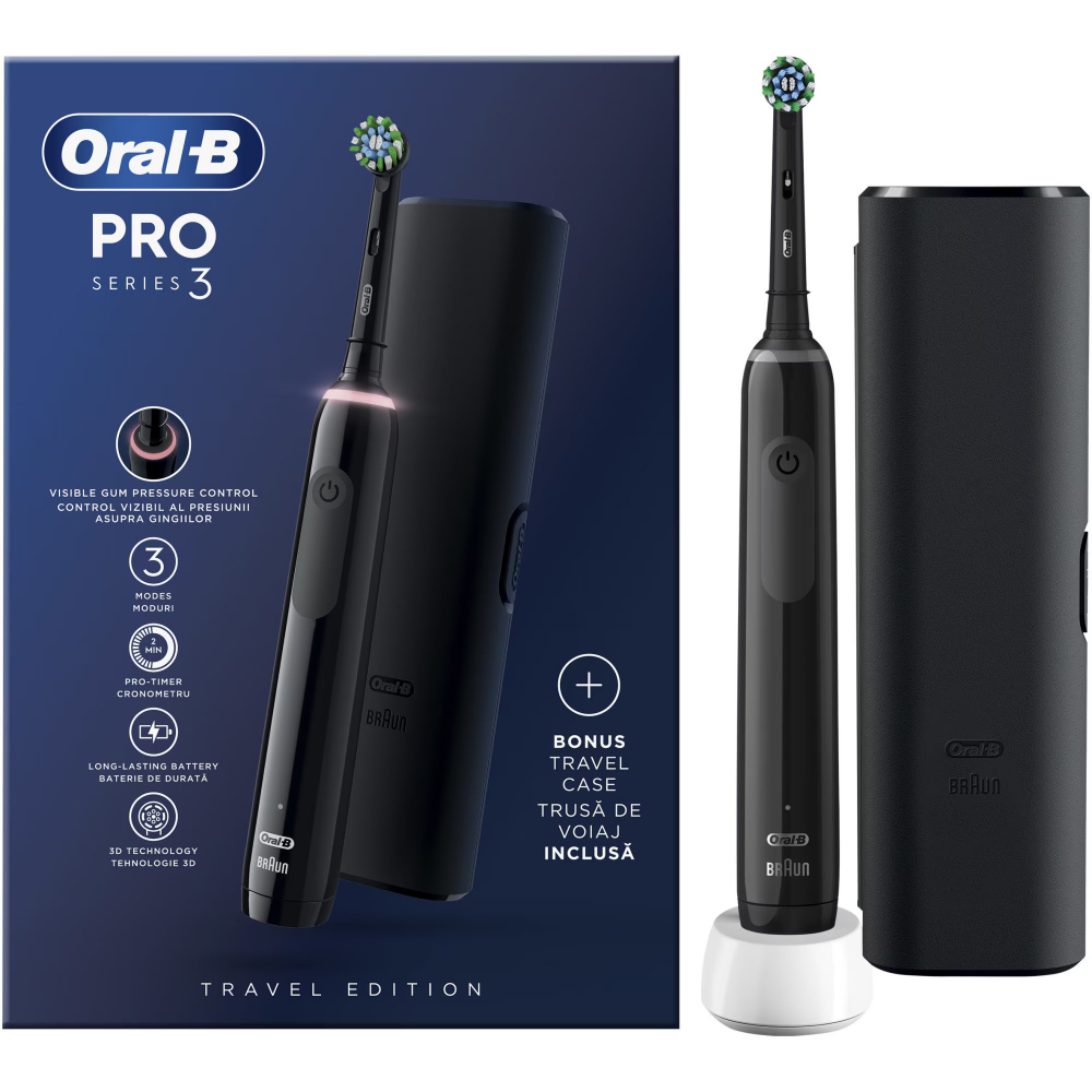 Periuta de dinti electrica Oral-B Pro 3 Cross Action, Curatare 3D, 3 programe, 1 capat, Negru [2]