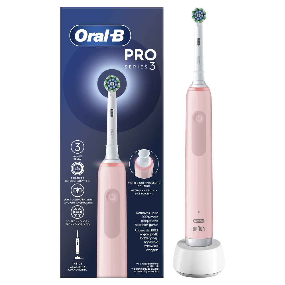 Periuta de dinti electrica Oral-B Pro 3, Curatare 3D, 3 programe, 1 capat de periaj, roz [1]