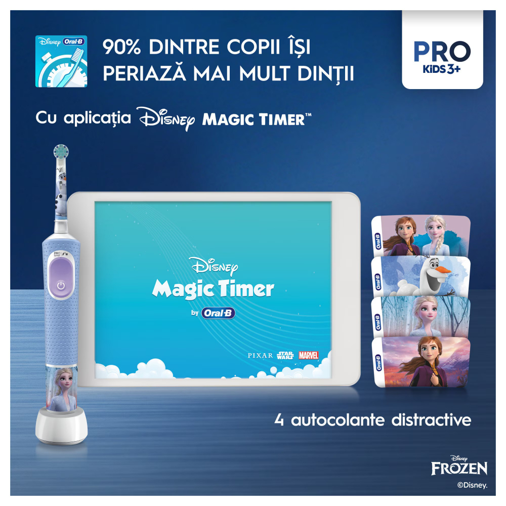 Periuta de dinti electrica Oral-B Pro Kids Frozen pentru copii, Curatare 2D, 2 programe, 1 capat, 4 autocolante, trusa de calatorie, Albastru [6]