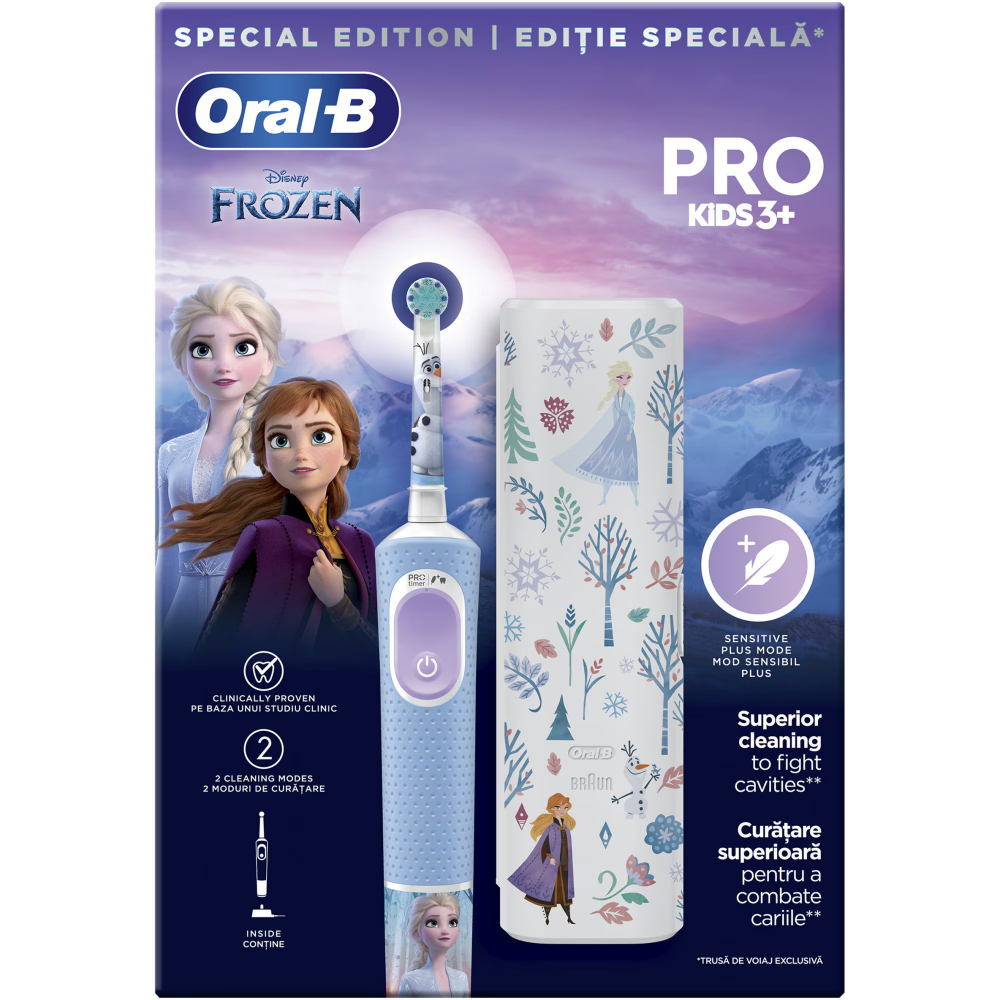Periuta de dinti electrica Oral-B Pro Kids Frozen pentru copii, Curatare 2D, 2 programe, 1 capat, 4 autocolante, trusa de calatorie, Albastru [4]