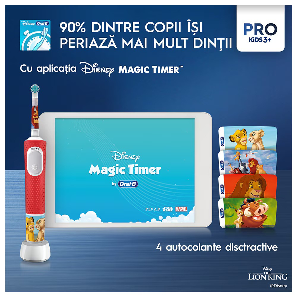 Periuta de dinti electrica Oral-B Pro Kids Lion King pentru copii, Curatare 2D, 2 programe, 1 capat, 4 autocolante, trusa de calatorie, Rosu [4]