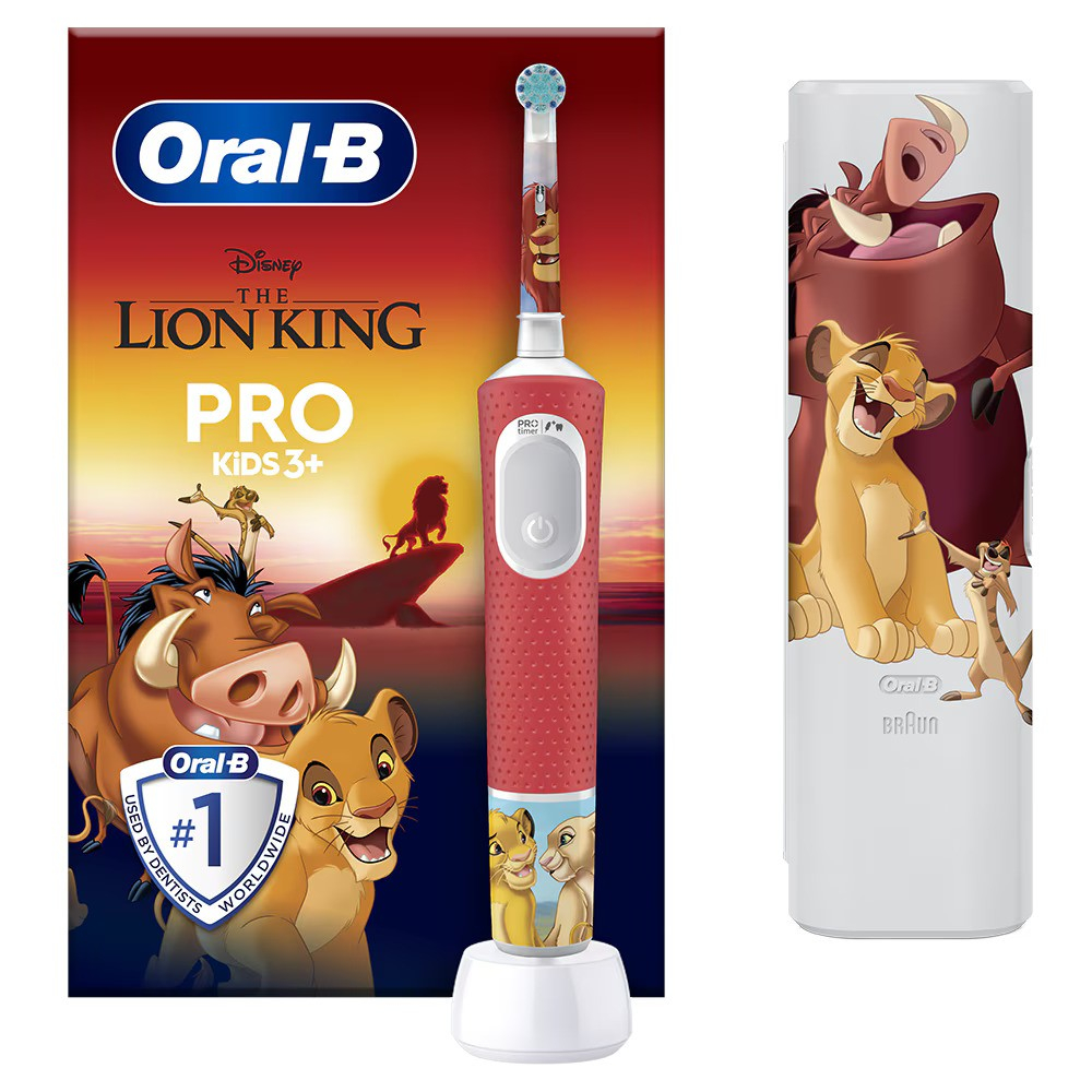Periuta de dinti electrica Oral-B Pro Kids Lion King pentru copii, Curatare 2D, 2 programe, 1 capat, 4 autocolante, trusa de calatorie, Rosu [2]