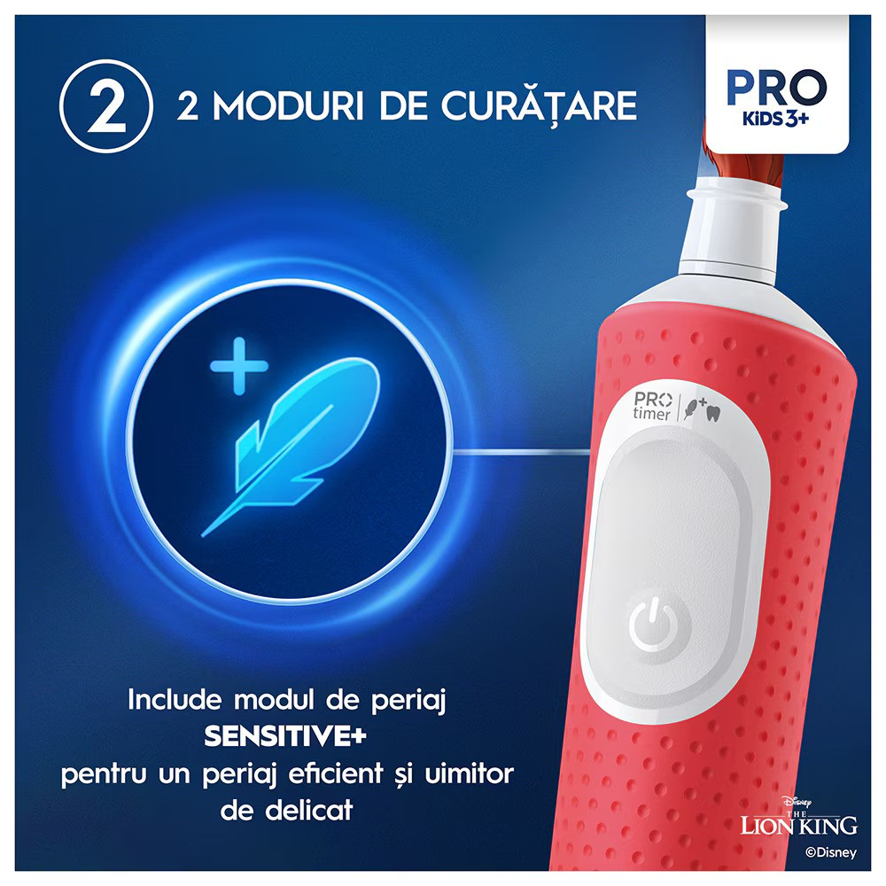 Periuta de dinti electrica Oral-B Pro Kids Lion King pentru copii, Curatare 2D, 2 programe, 1 capat, 4 autocolante, trusa de calatorie, Rosu [3]