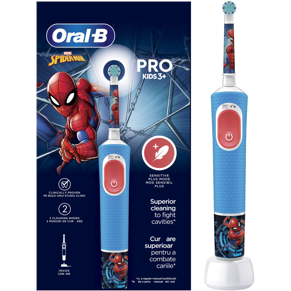 Periuta de dinti electrica Oral-B Pro Kids Spiderman pentru copii, Curatare 2D, 2 programe, 1 capat, 4 autocolante, Albastru [2]