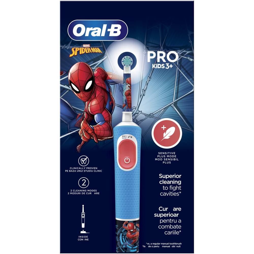 Periuta de dinti electrica Oral-B Pro Kids Spiderman pentru copii, Curatare 2D, 2 programe, 1 capat, 4 autocolante, Albastru [3]