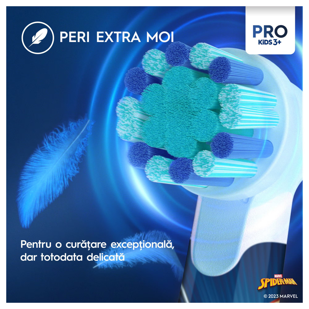 Periuta de dinti electrica Oral-B Pro Kids Spiderman pentru copii, Curatare 2D, 2 programe, 1 capat, 4 autocolante, Albastru [7]