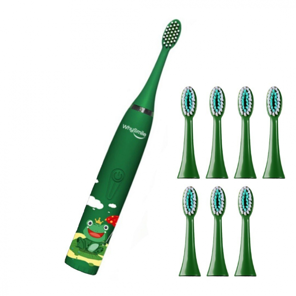 Periuta electrica reincarcabila sonica WhySmile Copii, 32000 miscari/minut, 4 moduri de curatatare, 8 capete de periere, smart timer, rezistent la apa IPX6, cablu USB, Verde [9]