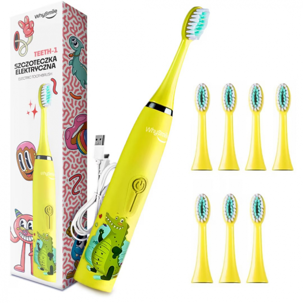 Periuta electrica reincarcabila sonica WhySmile Copii, 32000 miscari/minut, 4 moduri de curatatare, 8 capete de periere, smart timer, rezistent la apa IPX6, cablu USB, Galben [1]