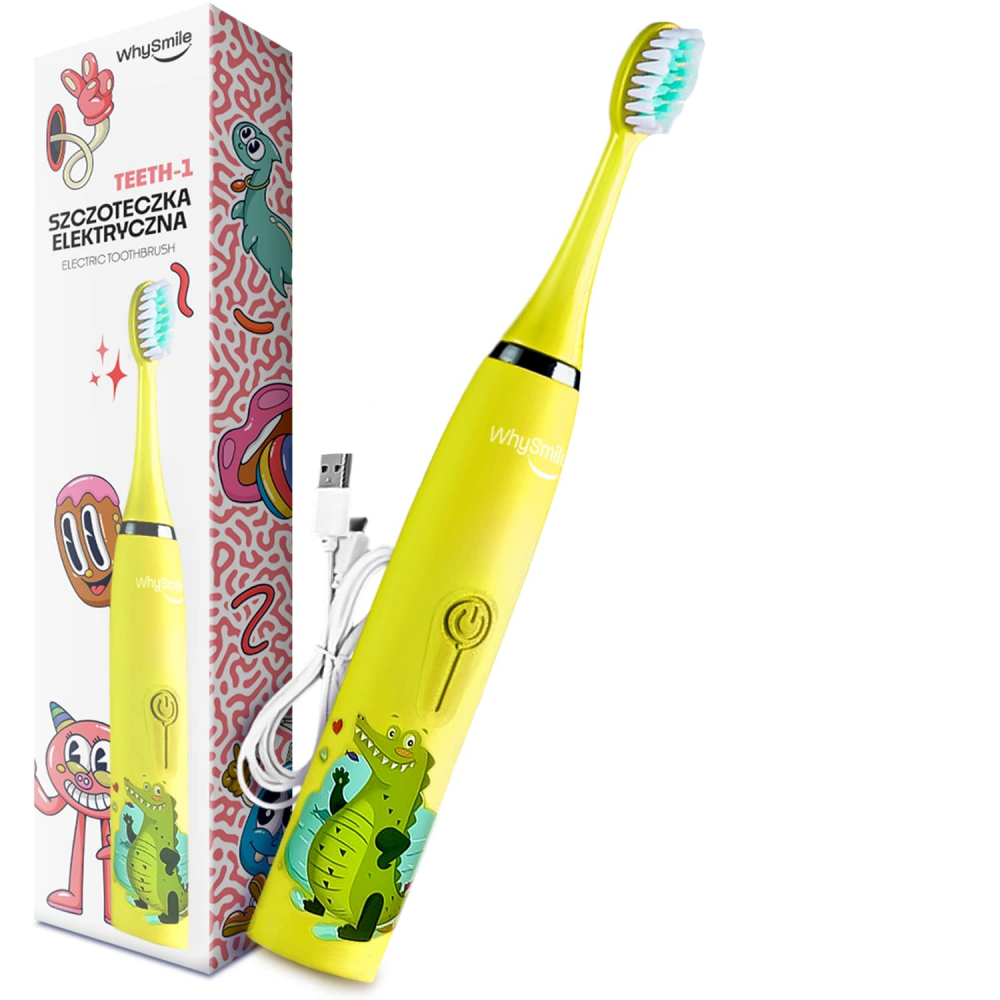 Periuta electrica reincarcabila sonica WhySmile Copii, 32000 miscari/minut, 4 moduri de curatatare, 8 capete de periere, smart timer, rezistent la apa IPX6, cablu USB, Galben [9]