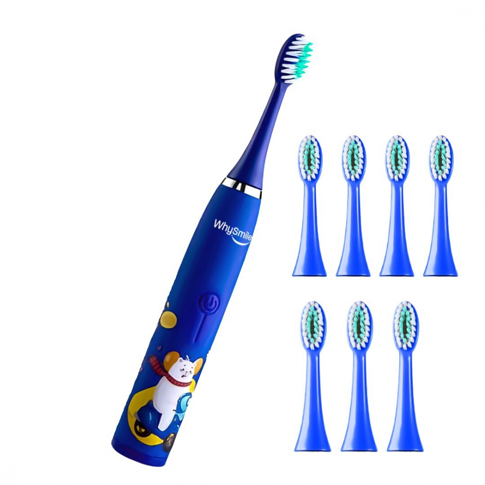 Periuta electrica reincarcabila sonica WhySmile Copii, 32000 miscari/minut, 4 moduri de curatatare, 8 capete de periere, smart timer, rezistent la apa IPX6, cablu USB, Albastru [14]