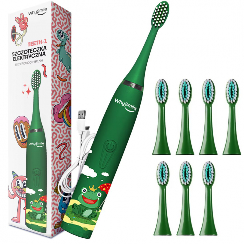 Periuta electrica reincarcabila sonica WhySmile Copii, 32000 miscari/minut, 4 moduri de curatatare, 8 capete de periere, smart timer, rezistent la apa IPX6, cablu USB, Verde [1]