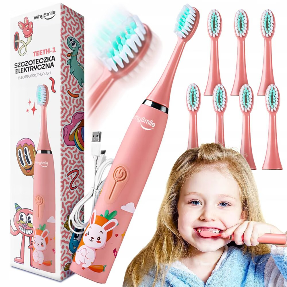 Periuta electrica reincarcabila sonica WhySmile Copii, 32000 miscari/minut, 4 moduri de curatatare, 8 capete de periere, smart timer, rezistent la apa IPX6, cablu USB, Roz [6]