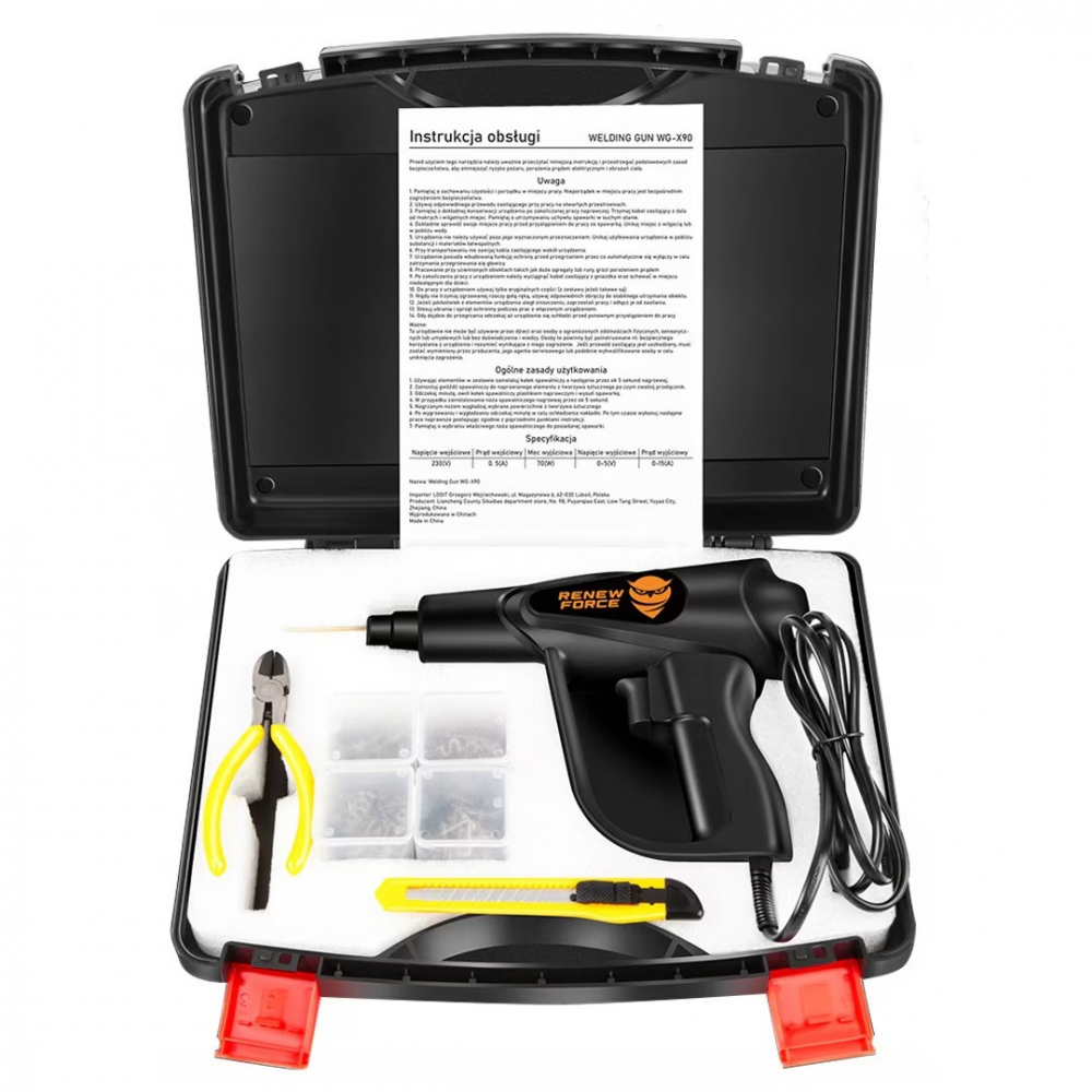 Pistol Profesional pentru lipit/sudat plastic Renew Force, kit pentru repararea fisurilor din plastic, polipropilena, 200 capse de intarire, putere 70W, Negru [3]
