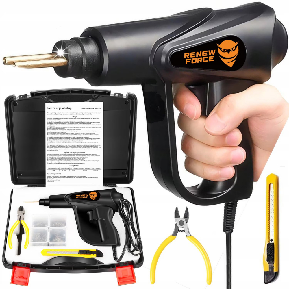 Pistol Profesional pentru lipit/sudat plastic Renew Force, kit pentru repararea fisurilor din plastic, polipropilena, 200 capse de intarire, putere 70W, Negru [6]