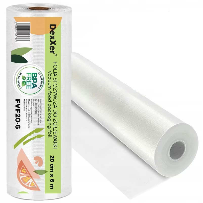 Pungi vidat gofrate DexXer, pentru aparat de vidat alimente, 1 rola, 20cm x 6m, reutilizabile, rezistente, sous vide, lavabile in masina de spalat, fara BPA, transparent [3]