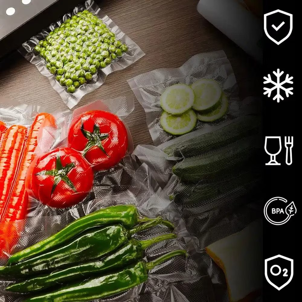 Pungi vidat gofrate DexXer, pentru aparat de vidat alimente, 1 rola, 25cm x 6m, reutilizabile, rezistente, sous vide, lavabile in masina de spalat, fara BPA, transparent [5]