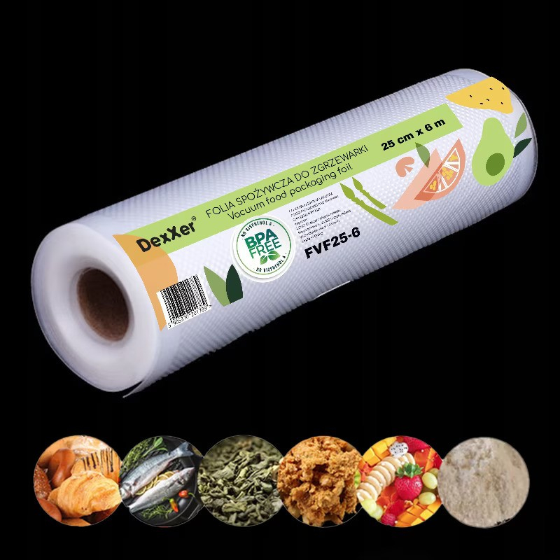 Pungi vidat gofrate DexXer, pentru aparat de vidat alimente, 1 rola, 25cm x 6m, reutilizabile, rezistente, sous vide, lavabile in masina de spalat, fara BPA, transparent [4]