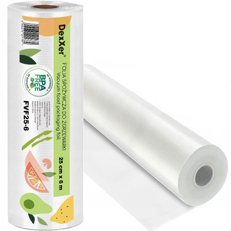 Pungi vidat gofrate DexXer, pentru aparat de vidat alimente, 1 rola, 25cm x 6m, reutilizabile, rezistente, sous vide, lavabile in masina de spalat, fara BPA, transparent [7]