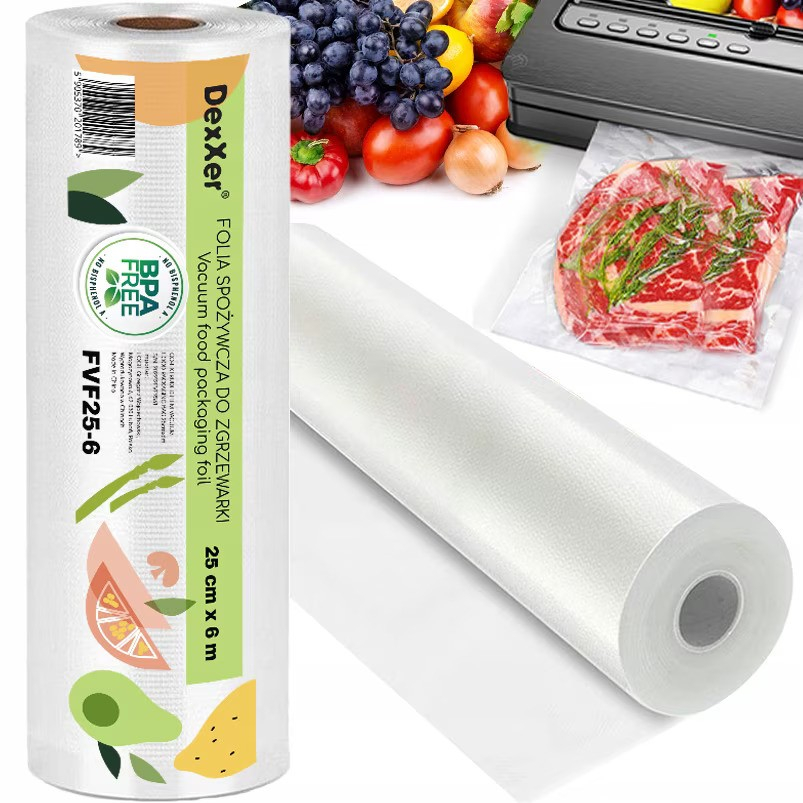 Pungi vidat gofrate DexXer, pentru aparat de vidat alimente, 1 rola, 25cm x 6m, reutilizabile, rezistente, sous vide, lavabile in masina de spalat, fara BPA, transparent [3]