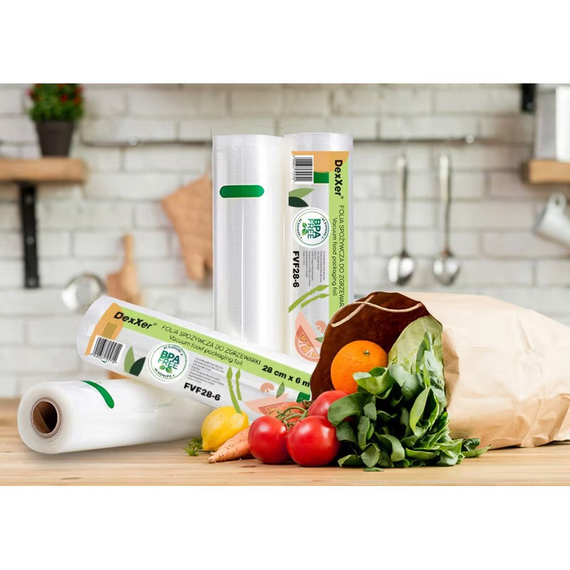 Pungi vidat gofrate DexXer, pentru aparat de vidat alimente, 1 rola, 28cm x 6m, reutilizabile, rezistente, sous vide, lavabile in masina de spalat, fara BPA, transparent [5]