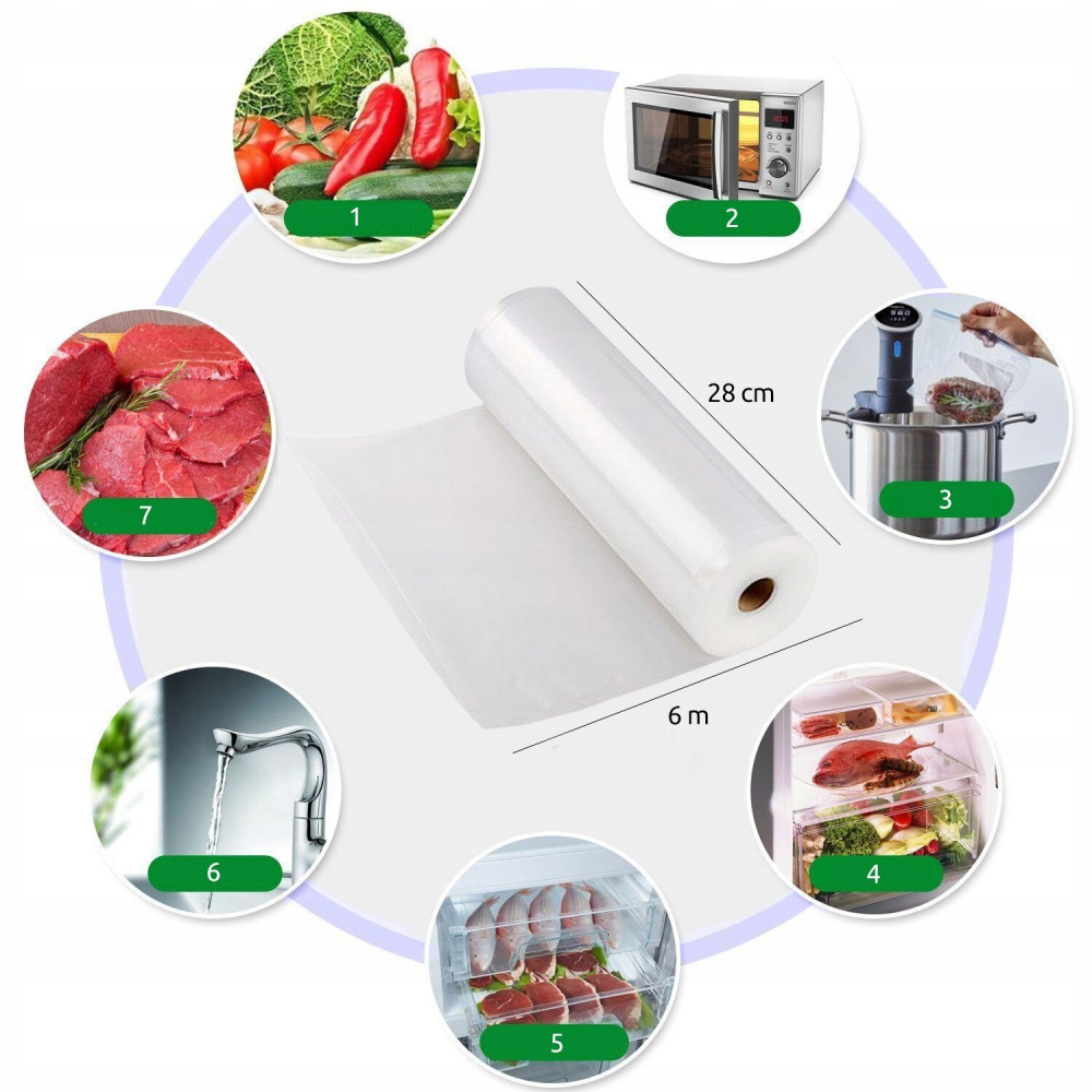 Pungi vidat gofrate DexXer, pentru aparat de vidat alimente, 1 rola, 28cm x 6m, reutilizabile, rezistente, sous vide, lavabile in masina de spalat, fara BPA, transparent [3]