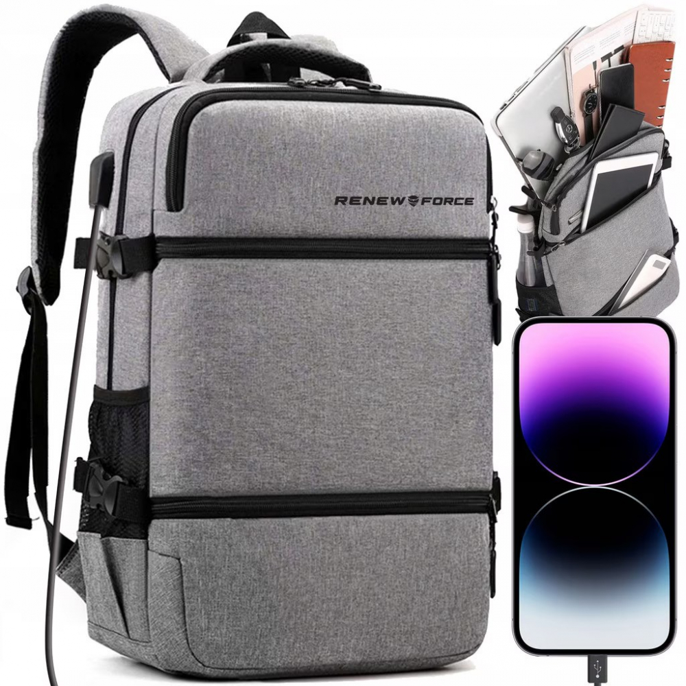 Rucsac multifunctional Renew Force cu Port de incarcare USB, smart casual pentru Business, Calatorii si Laptop 15 inchi, 45x31x13 cm, Gri [10]