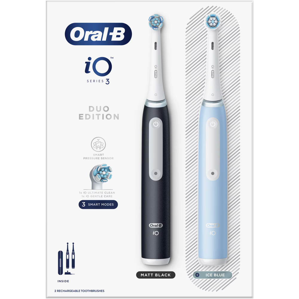 Set 2 x Periuta de dinti electrica Oral-B iO3 cu Tehnologie Magnetica si Micro-Vibratii, Senzor de presiune Smart, 3 moduri, 2 capete, Trusa de calatorie, Negru/Albastru [4]
