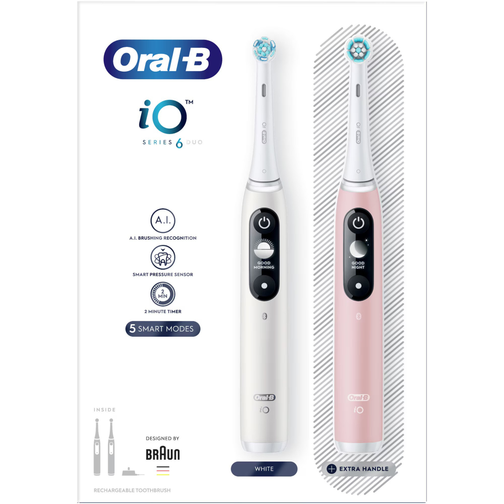 Set 2 x Periuta de dinti electrica Oral-B iO6 cu Tehnologie Magnetica si Micro-Vibratii, Inteligenta artificiala, Display led interactiv, Senzor de presiune Smart, Timer vizibil, 5 moduri, 1 incarcator, Alb/Roz [2]