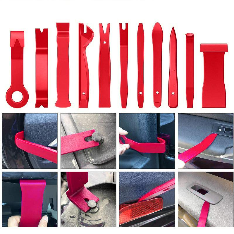 Set 43 piese demontare interior auto, NewEvo, Cu Husa Depozitare, Robust si durabil, Depozitare usoara, Rezistent la coroziune, Pentru usi, bord, audio, tapiterie si capitonaje, Negru Rosu [8]