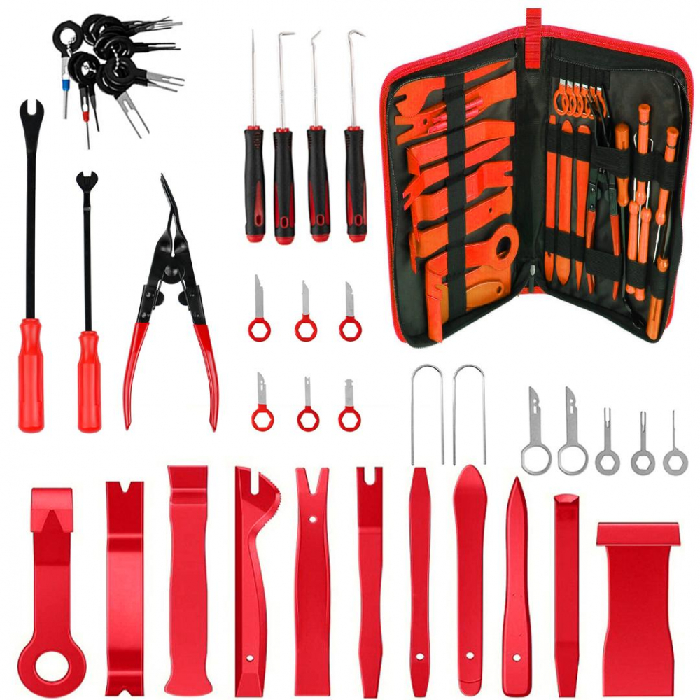 Set 43 piese demontare interior auto, NewEvo, Cu Husa Depozitare, Robust si durabil, Depozitare usoara, Rezistent la coroziune, Pentru usi, bord, audio, tapiterie si capitonaje, Negru Rosu [2]