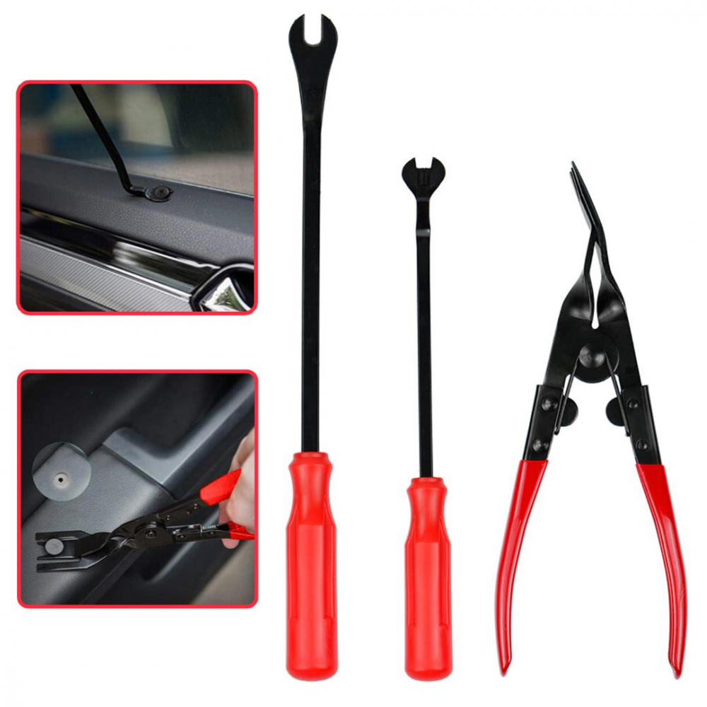 Set 43 piese demontare interior auto, NewEvo, Cu Husa Depozitare, Robust si durabil, Depozitare usoara, Rezistent la coroziune, Pentru usi, bord, audio, tapiterie si capitonaje, Negru Rosu [5]