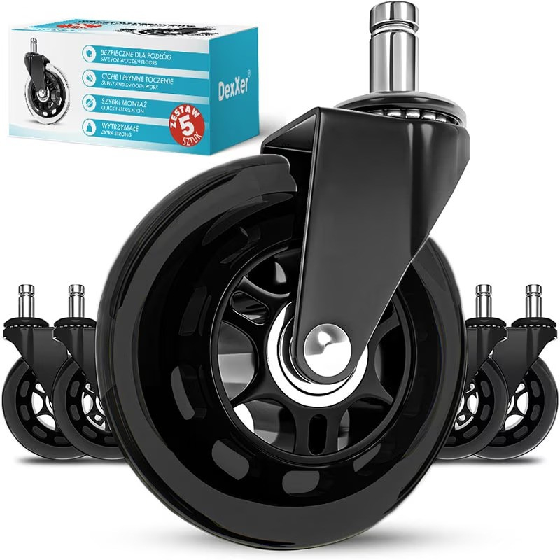Set 5 roti de silicon, diametru 75mm, tija 11mm, pentru scaune de birou sau scaune de gaming, Negru [2]