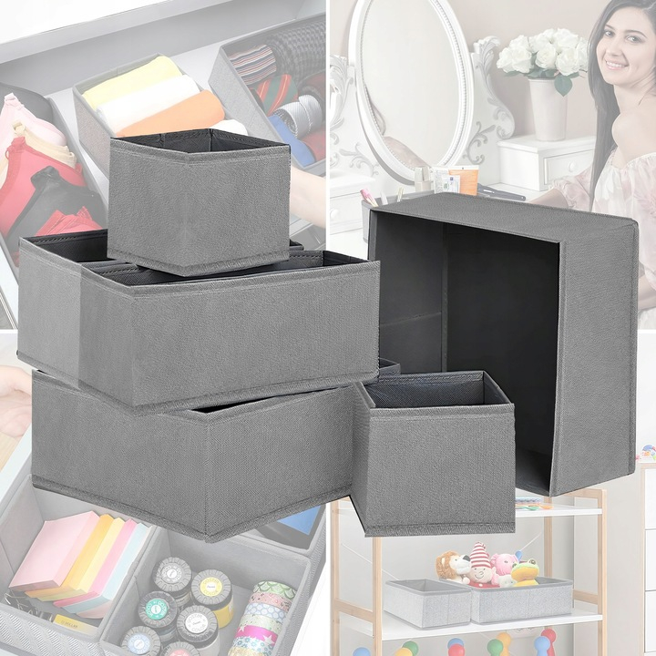 Set 6 Cutii Organizare pentru Dulapuri si Sertare, NewEvo, Stofa, Gri [5]