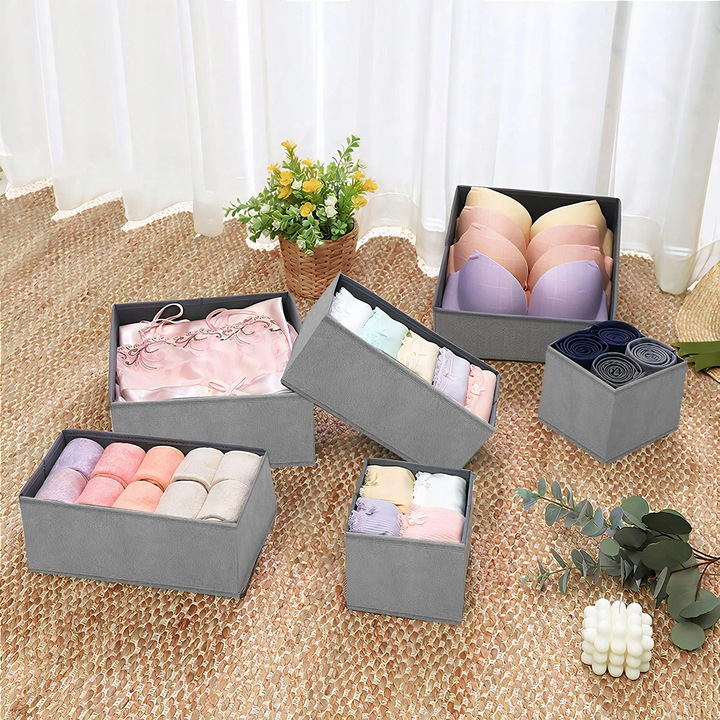 Set 6 Cutii Organizare pentru Dulapuri si Sertare, NewEvo, Stofa, Gri [4]